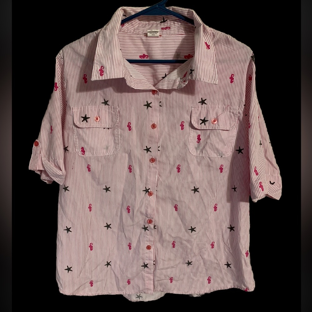 Lucky Brand Top Sz XS Womens Button Front, Roll Tab Sleeve, Pockets, Seahorses